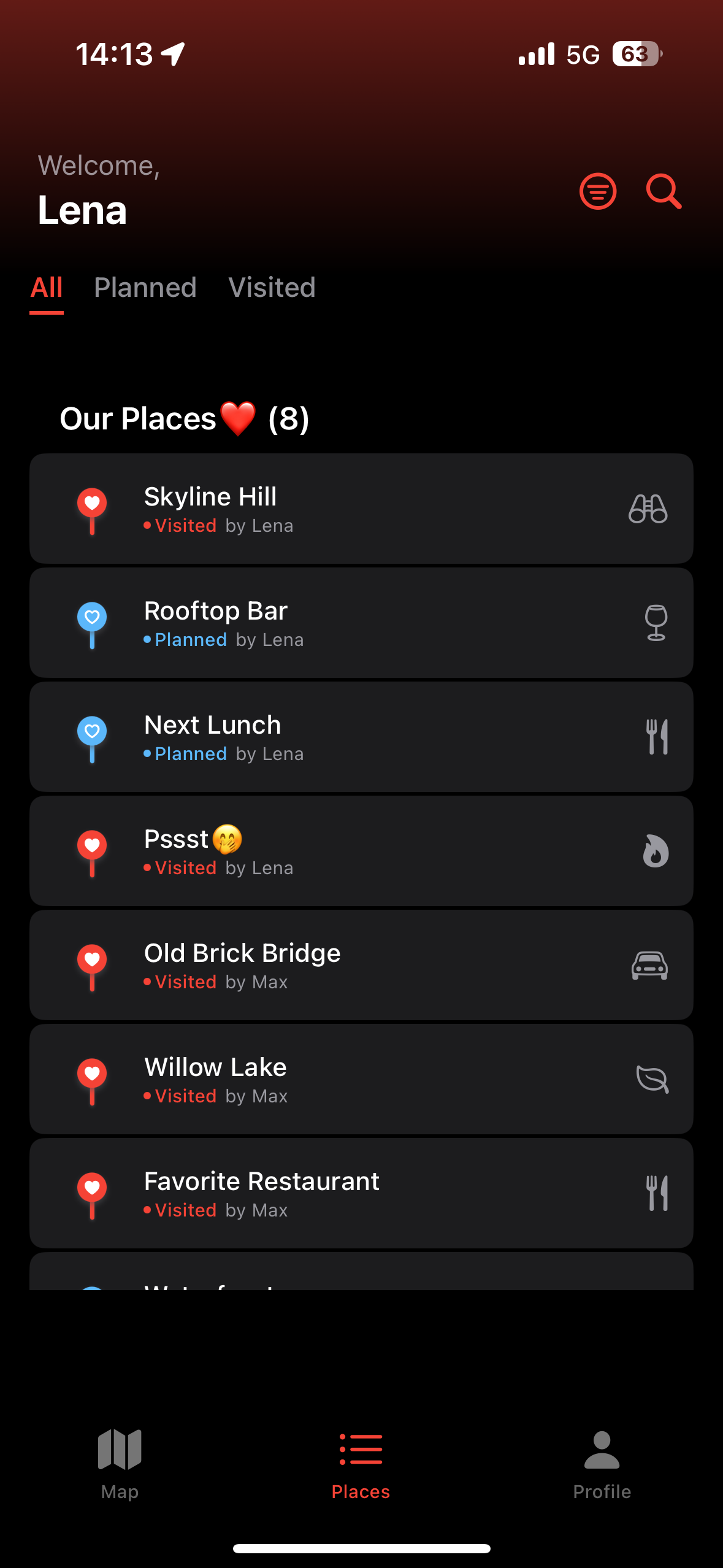 Love Places Orte-Liste